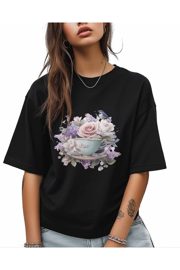 Vintage Tea Cups T Shirts for Women Short Sleeve Cotton Crewneck T-Shirt Pink Rose Purple Flower Birds Botanical Tee Tops Casual Basic T-Shirts, XS-5XL Black XS