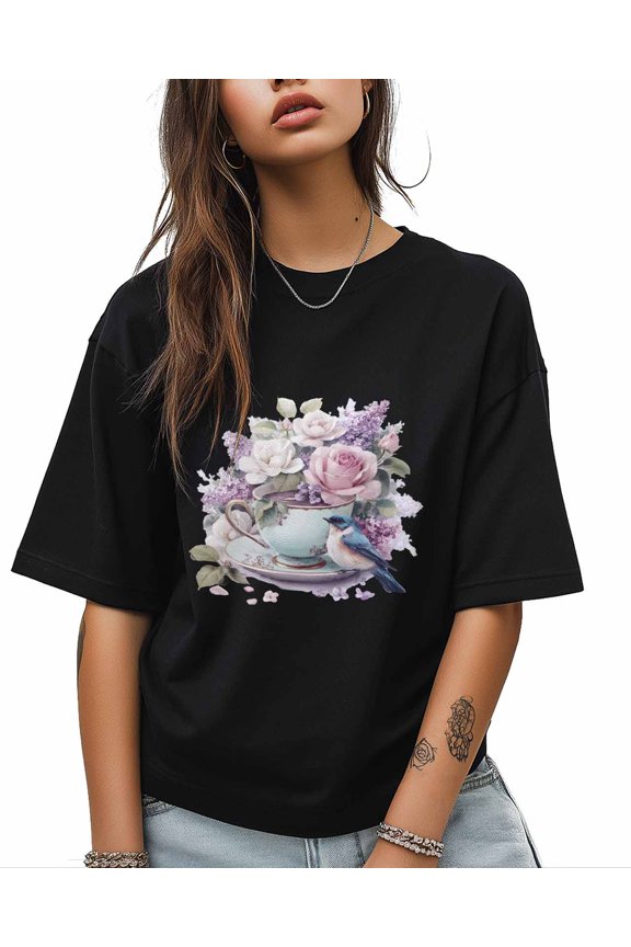 Vintage Tea Cups T Shirts for Women Short Sleeve Cotton Crewneck T-Shirt Pink Rose Purple Flower Birds Floral Tee Tops Casual Basic T-Shirts, XS-5XL Black XS