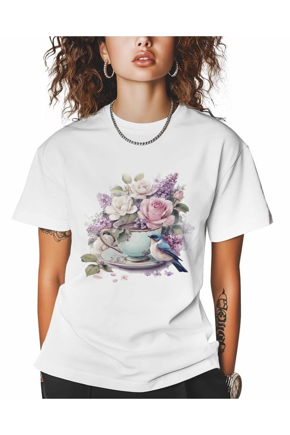 Vintage Tea Cups T Shirts for Women Short Sleeve Cotton Crewneck T-Shirt Pink Rose Purple Flower Birds Floral Tee Tops Casual Basic T-Shirts, XS-5XL White XS
