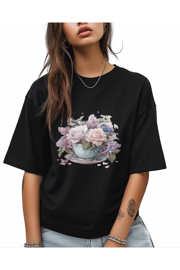 Vintage Tea Cups T Shirts for Women Short Sleeve Cotton Crewneck T-Shirt Pink Rose Purple Flower Birds Leaf Tee Tops Casual Basic T-Shirts, XS-5XL Black XS