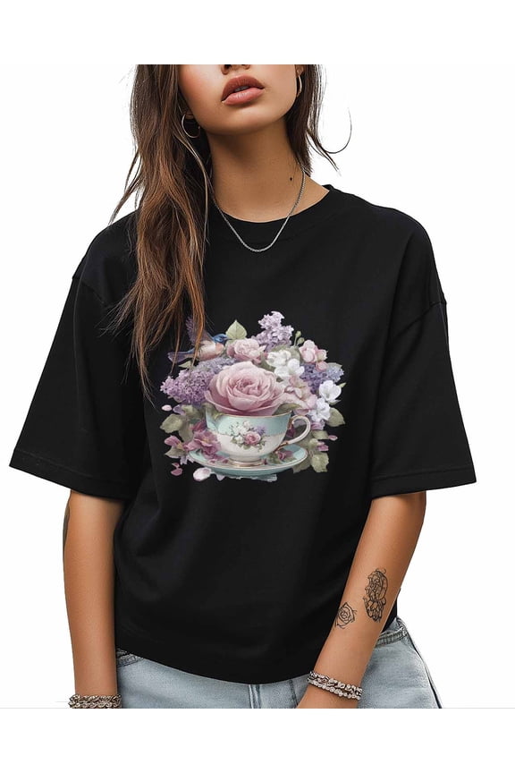 Vintage Tea Cups T Shirts for Women Short Sleeve Cotton Crewneck T-Shirt Pink Rose Purple Flower Birds Leaves Tee Tops Casual Basic T-Shirts, XS-5XL Black XS