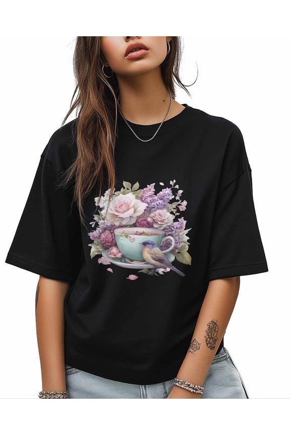 Vintage Tea Cups T Shirts for Women Short Sleeve Cotton Crewneck T-Shirt Pink Rose Purple Flower Floral Birds Tee Tops Casual Basic T-Shirts, XS-5XL Black XS