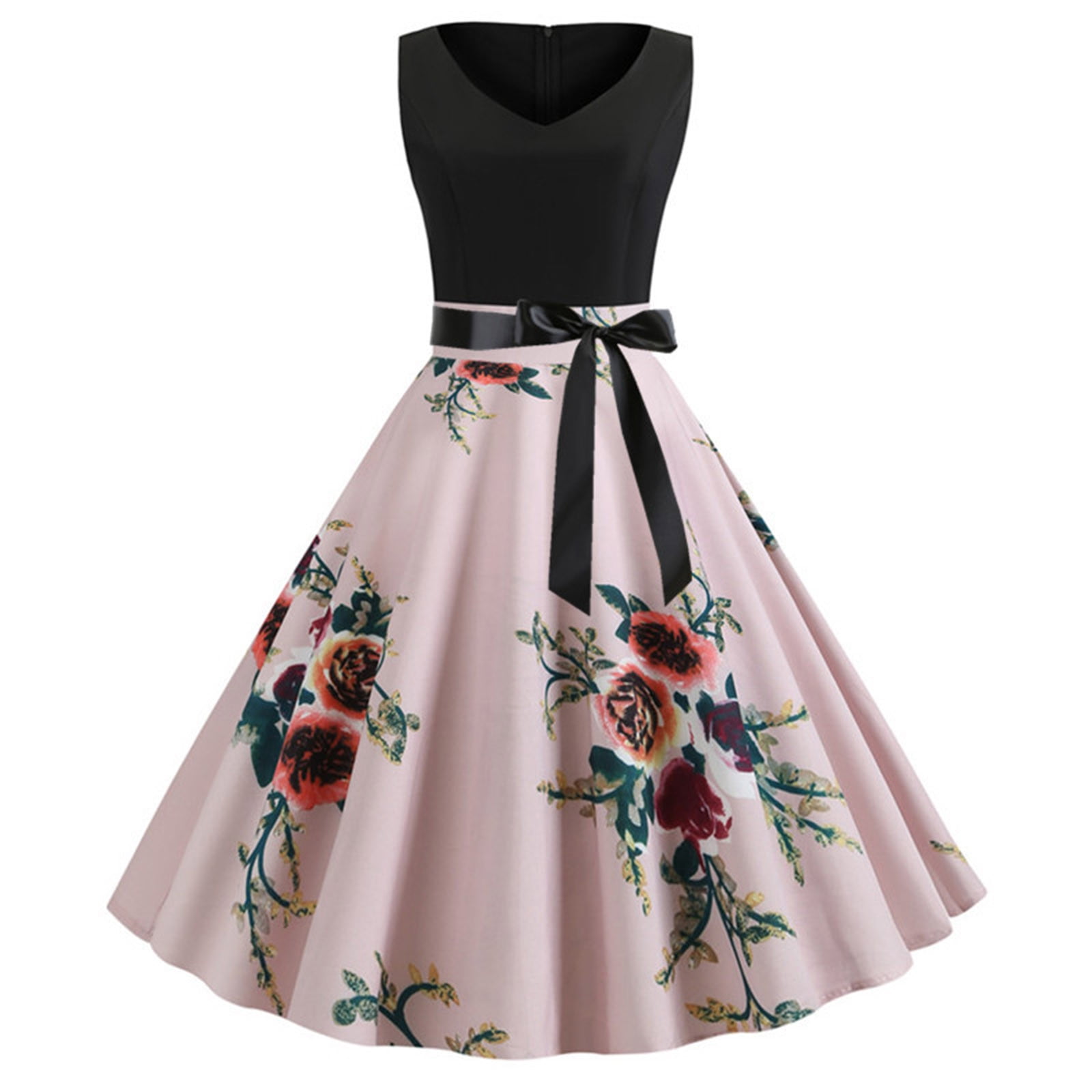 Vintage Tea Dresses for Women 1950 s Floral Sleeveless V Neck Retro Swing Prom A line Midi Party Dress Walmart