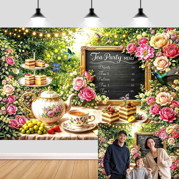 Vintage Tea Party Backdrop, Floral Garden Tea Party Background Fabric Chalkboard Menu Desserts, for Bridal Shower, Birthday High Tea Decorations, 7x5ft