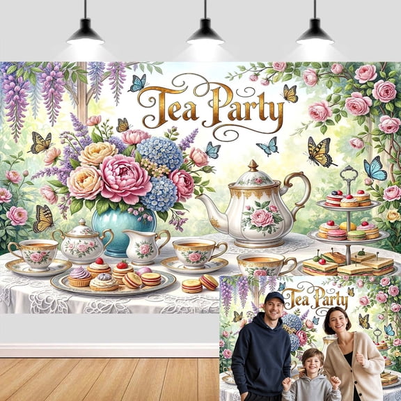 Vintage Tea Party Backdrop, Floral Garden Tea Party Background Fabric for Bridal Shower, Birthday Tea Party Decorations, 10x8ft