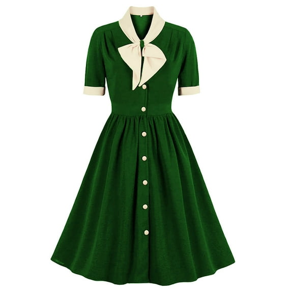Vintage Tea Party Dress for Women Elegant 50s Bowknot Collar Buttons Short Sleeve Retro Swing Cocktail Midi Dress (Medium, Green)