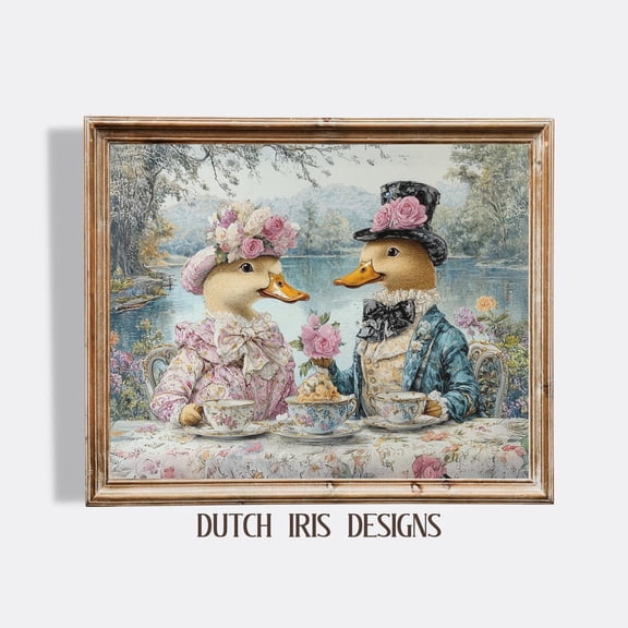 Vintage Tea Party With Ducks, Whimsical Cottagecore Art Print, Anthropomorphic Animal Scene, Elegant Wall Decor, Victorian 906 Home Decor #1365, Unframed Canvas Size 24x36
