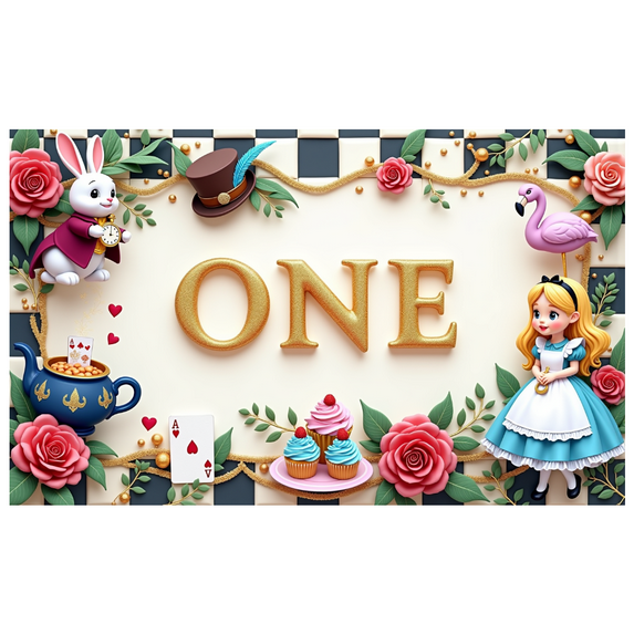 Vintage Tea Party ONEderland Banner Floral Design Alice in Wonderland Rabbit for First Birthday Party Baby Celebration Nursery Decoration