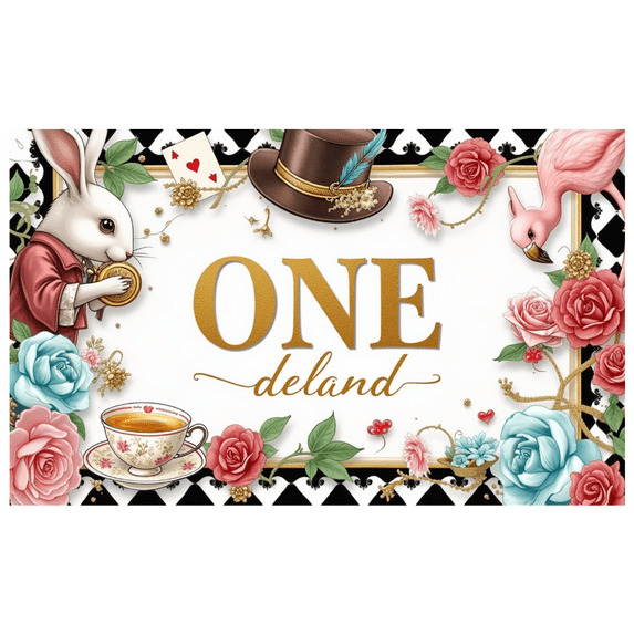 Vintage Tea Party ONEderland Banner Floral Design Alice in Wonderland Rabbit for First Birthday Party Baby Celebration Nursery Decoration