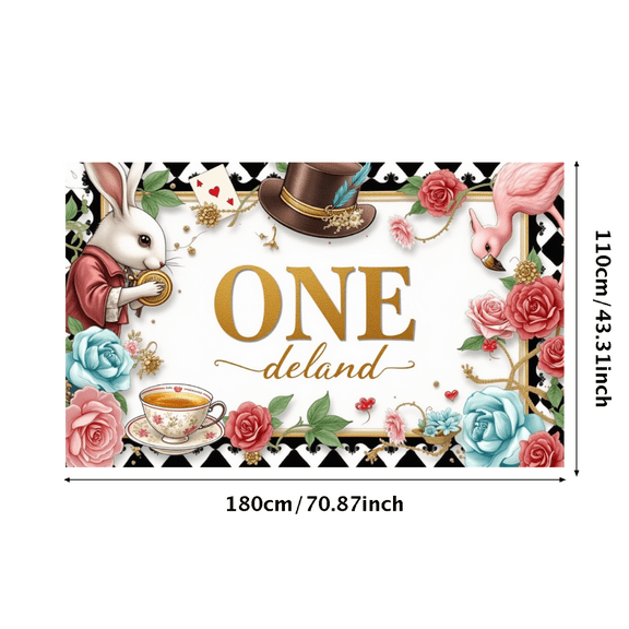 Vintage Tea Party ONEderland Banner Floral Design Alice in Wonderland Rabbit for First Birthday Party Baby Celebration Nursery Decoration