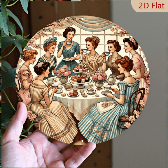 Vintage Tea Party Round Metal Wall Art, 8x8 Inch Aluminum Decorative Plaque, Retro 1950s Style Women Afternoon Tea Illustration for Home Kitchen Decor