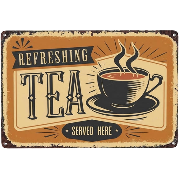 Vintage Tea Refreshing Tea Service Here Dark Yellow metal tin sign 8x12 inch decorative wall decor for indoor home, bar, man cave, farmhouse or cabin room