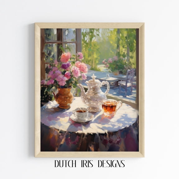 Vintage Tea Time Table Art, Rustic Still Life, Cottagecore Kitchen Decor, Charming Floral Scene Wall Art 496 Home Decor #1725, Unframed Poster Size 8x12