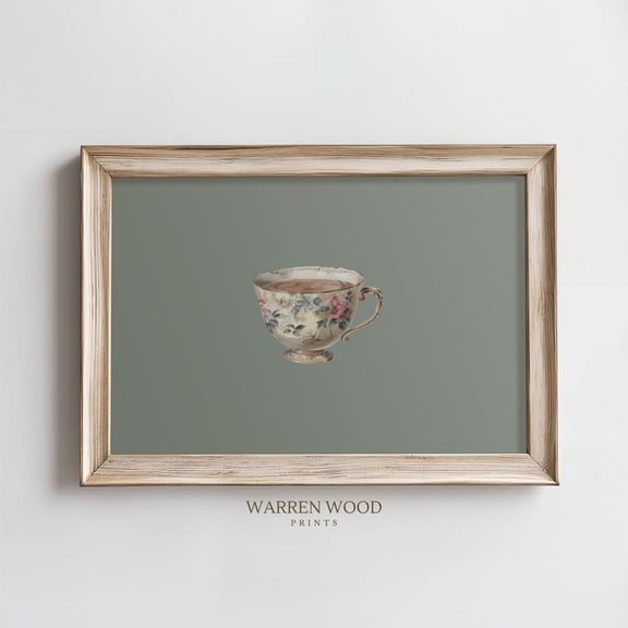 Vintage Teacup Wall Art, Green Blue Mint Floral Print, Antique Tea Cup, Rustic Cottagecore Kitchen Or Gallery Wall Decor Home Decor #1516, Unframed Poster Size 8x12