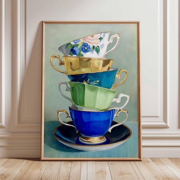 Vintage Teacup Watercolor Elegant Tea Time Poster UNFRAMED PAPER POSTER, Home Decor