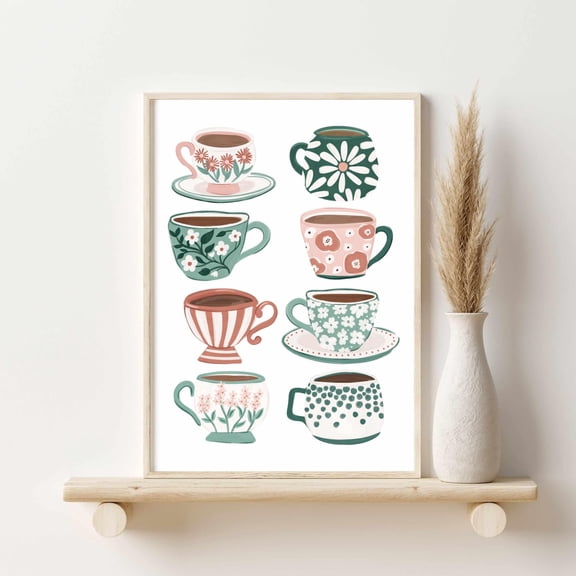 Vintage Teacups Wall Art Cottagecore Tea Art Floral Tea Cups Illustration Cozy Kitchen