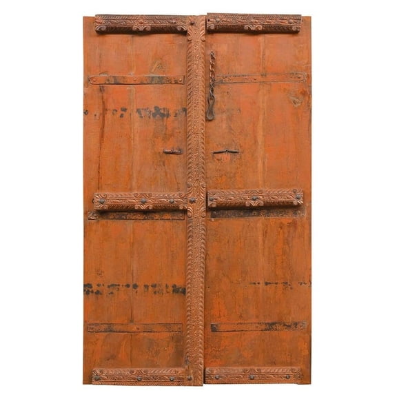 Vintage Teak Wood Carved Door With Nailheads Rustic Wall Decor | Antique Handmade Farmhouse Style Solid Wood Wall Hanging