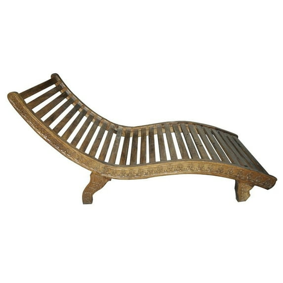 Vintage Teak Wood Carved Sides Chaise Bench | Farmhouse Style Solid Wood Lounger | Rustic Handcarved Wooden Relaxing Outdoor Indoor Seat