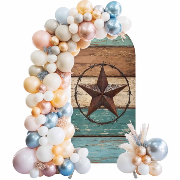 Vintage Teal Arch Backdrop Cover, Spandex Fitted Wedding Arch Cover, Brown Western Texas Barn Star Wood Grain Round Top Stand Covers for Birthday Ceremony Bridal Shower Party Decor 4x1.65 Ft