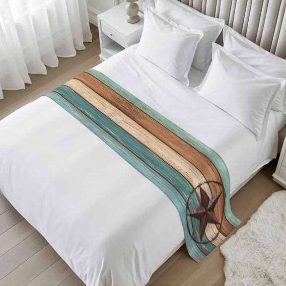Vintage Teal Bed Runner Scarf Twin Size, Brown Western Texas Barn Star Wood Grain Luxury Bed Throw Runners & Scarves for Twin Full Queen King Foot of Beds, Bedroom Hotel Decoration, 71"x20"