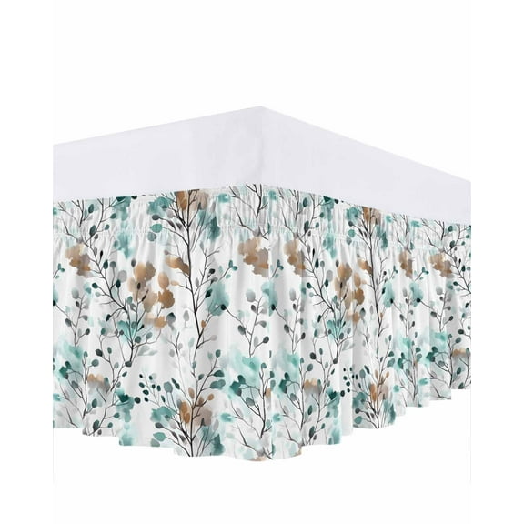 Vintage Teal Bed Skirt King Size 16" Drop Brown Wildflowers Leaves Abstract Botanical Ruffled Wrap Around Bed Skirts Adjustable Elastic Bedskirt Dust Ruffle for King Size Bed