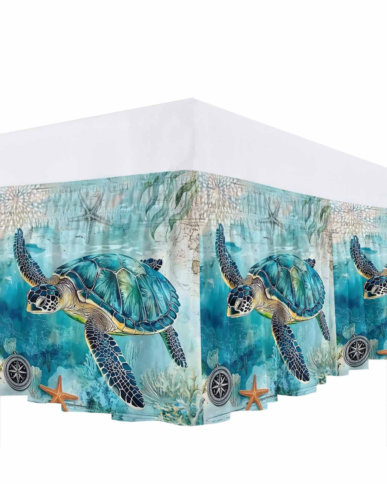 Vintage Teal Bed Skirt Queen Size 16" Drop Sea Turtle Coral Starfish Marine Life Nautical Ruffled Wrap Around Bed Skirts Adjustable Elastic Bedskirt Dust Ruffle for Queen Size Bed