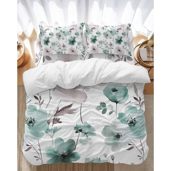 Vintage Teal Bedding Duvet Cover Set King Size 4 Pieces Brown Floral Watercolor Blossom Flowers Abstract Bedding Set with Zipper Closure, 1 Comforter Cover 92x106 Inches 1 Flat Sheet & 2 Pillow Cases