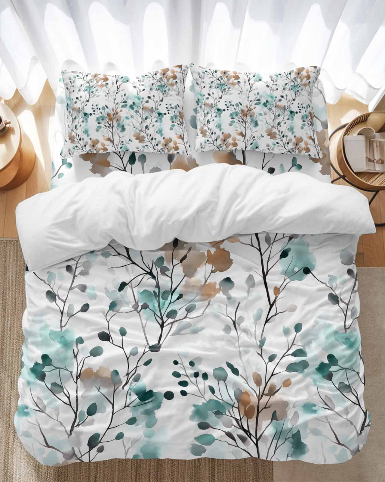 Vintage Teal Bedding Duvet Cover Set King Size 4 Pieces Brown Wildflowers Leaves Abstract Botanical Bedding Set with Zipper Closure, 1 Comforter Cover 92x106 Inches 1 Flat Sheet & 2 Pillow Cases