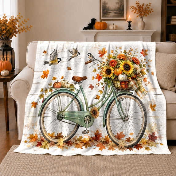 Vintage Teal Bicycle Sunflower Basket By White Wood, Cozy Friendship Quote Scene, Warm Flannel Blanket for Living Room and Reading Nook, Art Lovers Thanksgiving Gift, Artistic Home Decor