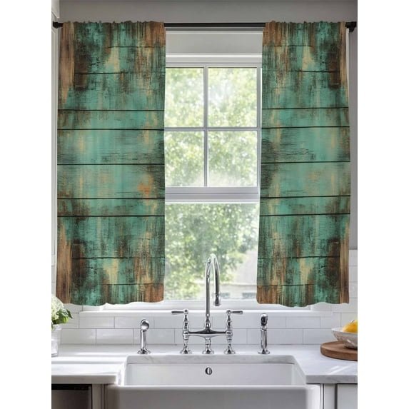 Vintage Teal Brown Plank Sheer Curtains for Living Room Bedroom Retro Shabby Wooden Grain Sheer Curtains 72 Inch Long 2 Panels Set Light Filtering Curtain Window Treatments Drapes for Dining Room