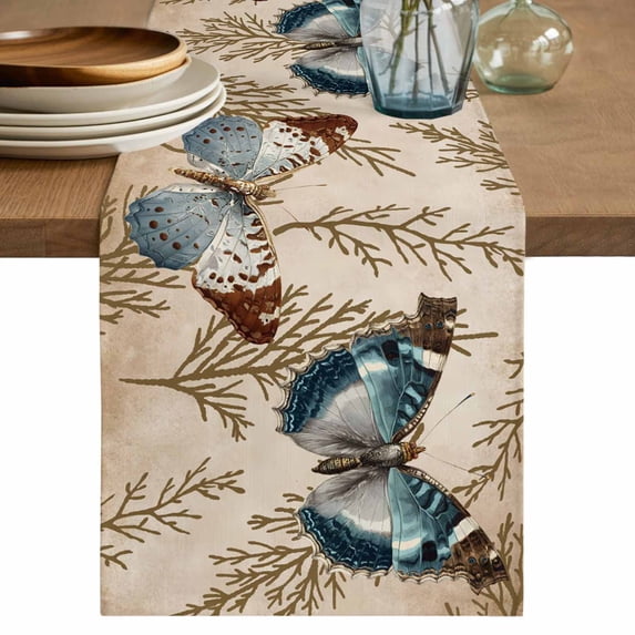 Vintage Teal Butterfly Cotton Linen Table Runner for Dining Kitchen, Vintage Brown Tree Branch Wedding Outdoor Party Tablerunners Decoration, Dresser Scarf Coffee Tablecloth Runners 13x48 Inches