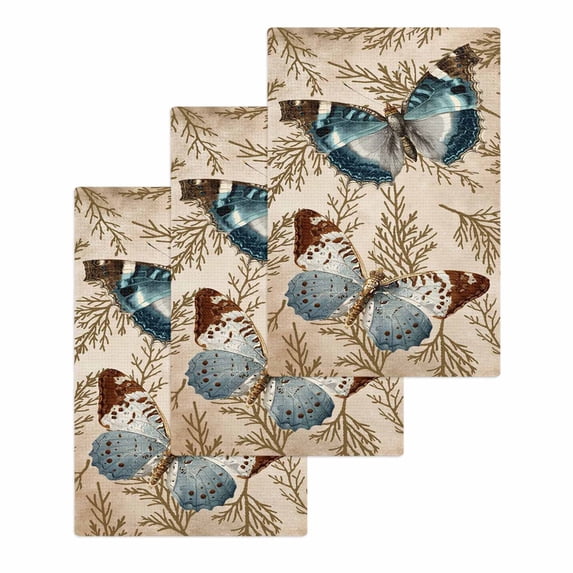 Vintage Teal Butterfly Kitchen Dish Towels for Drying Dishes Set of 3, Vintage Brown Tree Branch Waffle Weave Microfiber Hand Tea Bathroom Towels Quick Dry & Absorbent Towel 15.7x23.6