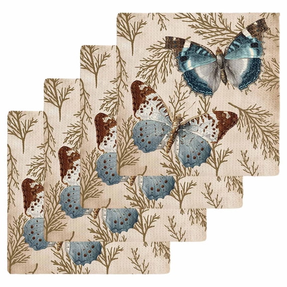Vintage Teal Butterfly Kitchen Dish Towels for Drying Dishes Set of 4, Vintage Brown Tree Branch Waffle Weave Microfiber Hand Tea Bathroom Towels Quick Dry & Absorbent Towel 12x12