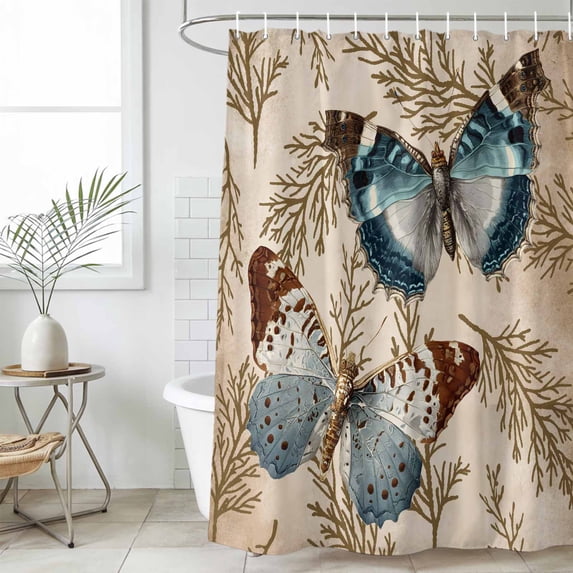 Vintage Teal Butterfly Long Shower Curtain Set, Waterproof Shower Curtains for Bathroom, Vintage Brown Tree Branch Washable Fabric Cloth Bath Curtain for Bathtub Decoration with Hooks 72x84 Inches