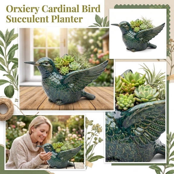 Vintage Teal Ceramic Cardinal Bird Succulent Planter, Small Animal Shaped Decorative Flower Pot for Indoor Home Decor, Unique Gift for Gardeners, Fits Small Plants and Air Plants,3.15IN