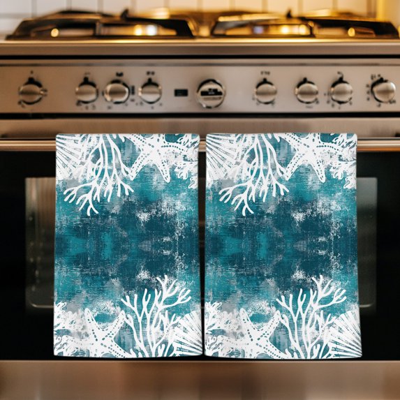 Vintage Teal Coastal Kitchen Towels Set of 4, Beach Coral Starfish Modern Abstract Absorbent Dish Towels for Kitchen, Microfiber Hand Towel, Quick Drying Tea Towel for Cleaning Decorative Dishcloths