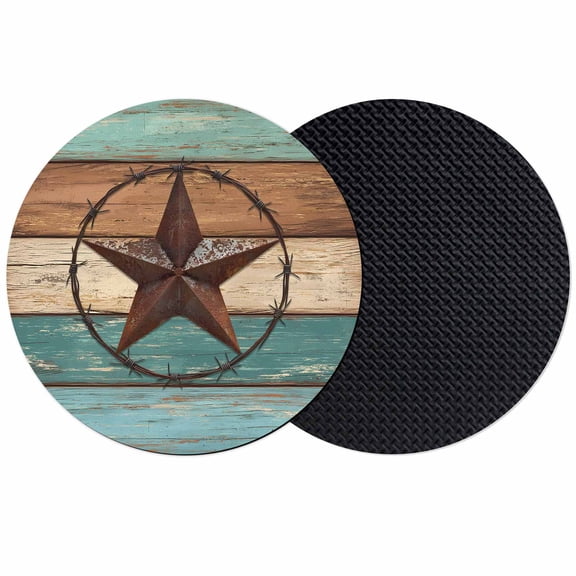 Vintage Teal Coasters Set of 2, Brown Western Texas Barn Star Wood Grain Absorbent Coasters for Drinks, Coaster for Bar Office Dining Coffee Table Accessories Decor, Non Slip Round Desk Coaster