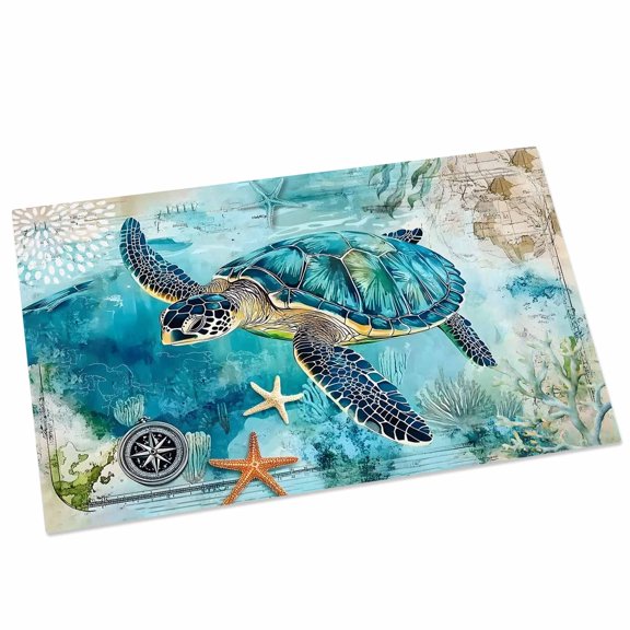 Vintage Teal Door Mat 16x24 Inch Sea Turtle Coral Starfish Marine Life Nautical Entryway Rug with Non-Slip Rubber, Front Door Rug Indoor Floor Mats for Living Room Bathroom Bedroom Home Office