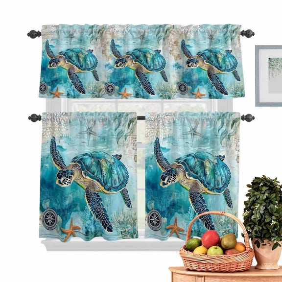 Vintage Teal Kitchen Curtains Valances 3 Piece Set, Sea Turtle Coral Starfish Marine Life Nautical Rod Pocket Tier Curtain and Valance Drapes for Small Window 24 Inch Length for Bedroom Cafe