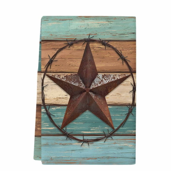Vintage Teal Kitchen Towels Set of 1, Absorbent Microfiber Dish Tea Towels with Hanging Loop, Brown Western Texas Barn Star Wood Grain Resuable Hand Towel for Home Kitchen Cooking Cleaning 18"x28"