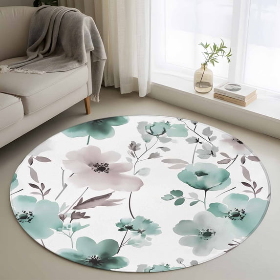 Vintage Teal Round Rugs for Living Room 3ft Brown Floral Watercolor Blossom Flowers Abstract Non Slip Circle Rug Washable Low-Profile Indoor Carpet for Bedroom, Dining Room, Bathroom