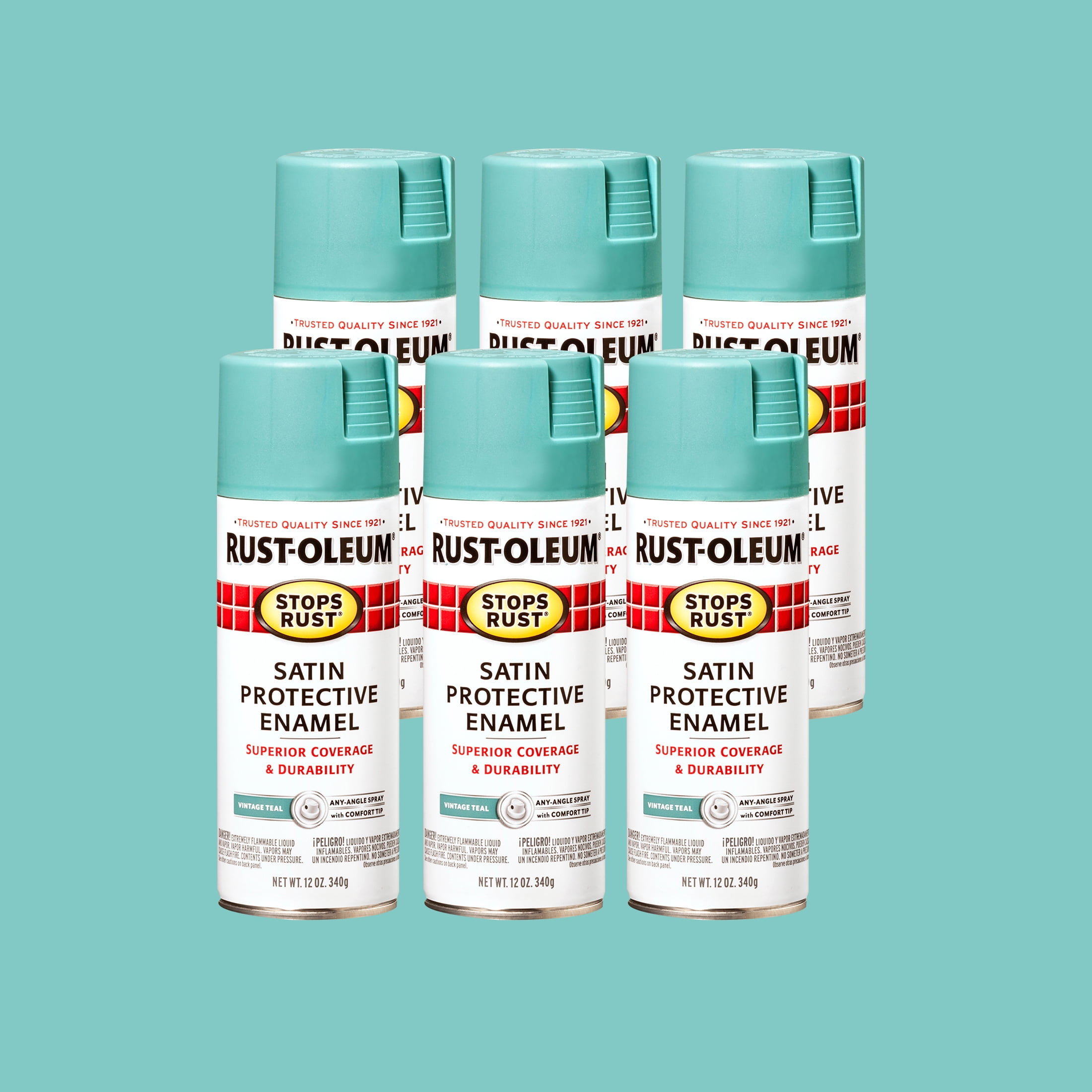 6 Pack, Vintage Teal, Rust-Oleum Stops Rust Satin Protective Enamel Spray Paint- 350337, 12 oz.