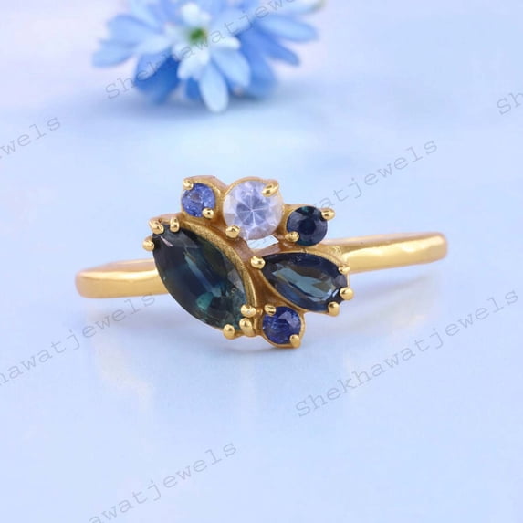Vintage Teal Sapphire Engagement Ring Unique Oval Solid 14k Gold ring Blue Green Sapphire Ring Diamond Wedding Promise Ring Proposal Ring