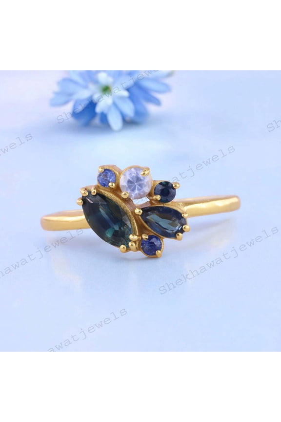 Vintage Teal Sapphire Engagement Ring Unique Oval Solid 14k Gold ring Blue Green Sapphire Ring Diamond Wedding Promise Ring Proposal Ring