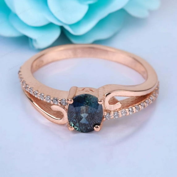 Vintage Teal Sapphire Promise Ring Unique Diamond Crossover Wedidng Ring Art Deco Rose Gold Jewelry Birthday Gift For Mom