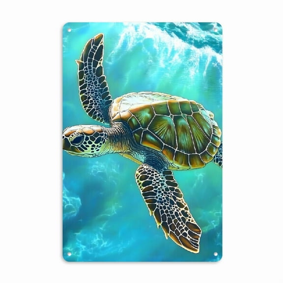 Vintage Teal Sea Turtle Coastal Metal Tin Sign - 8_x12_ Nautical Wall Art for Kitchen, Bar, Office, or Beach-Themed Decor - Durable Retro Vertical Poster with Ocean Wave Design, Turtle Decor