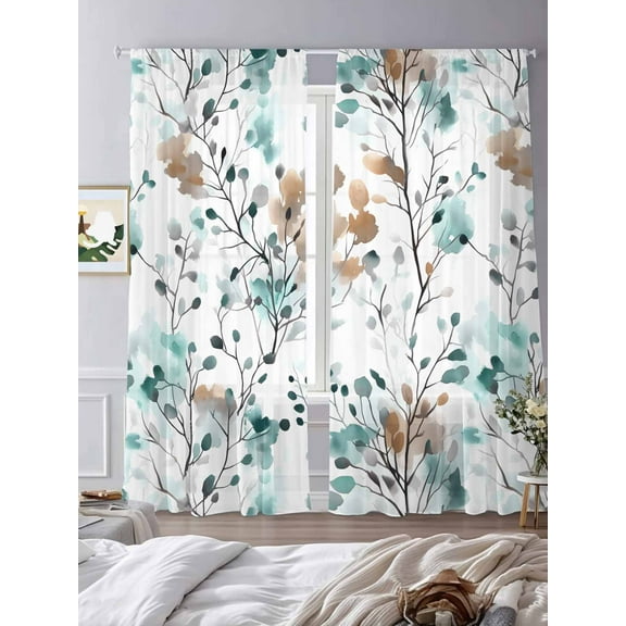 Vintage Teal Sheer Curtains 84 inches Long 2 Panels Set Brown Wildflowers Leaves Abstract Botanical Tiers Sheers Rod Pocket Small Window Short Curtains for Kitchen Cafe, Each 52" W x 84" L