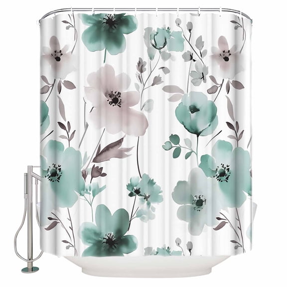 Vintage Teal Shower Curtain, 48" x 72", Brown Floral Watercolor Blossom Flowers Abstract Waterproof Bathroom Curtain Washable Shower Curtain Set with 12 Hooks