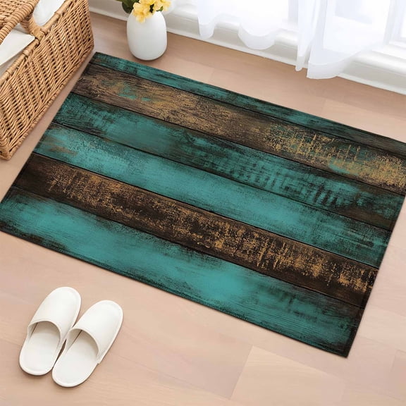 Vintage Teal Stripe Bathroom Mats 2x3 FT, Non Slip Small Kitchen Mat, Farmhouse Shabby Turquoise Washable Soft Backed Front Door Throw Rugs Non-Shedding Indoor Outdoor Doormat for Entryway Sink