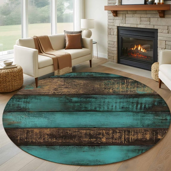 Vintage Teal Stripe Large Round Rug 8 FT, Non Slip Living Room Area Carpet, Farmhouse Shabby Turquoise Washable Soft Circle Rug Non-Shedding Floor Carpet for Bedroom Office Dining Room